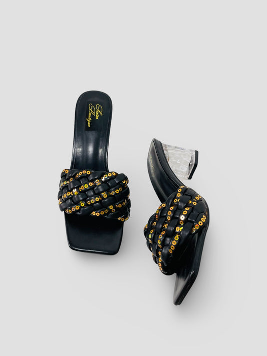 Clear Block Heel Sandals With Gold Studded Woven Straps