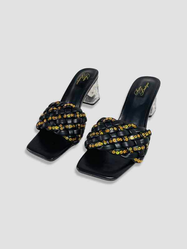 Clear Block Heel Sandals With Gold Studded Woven Straps
