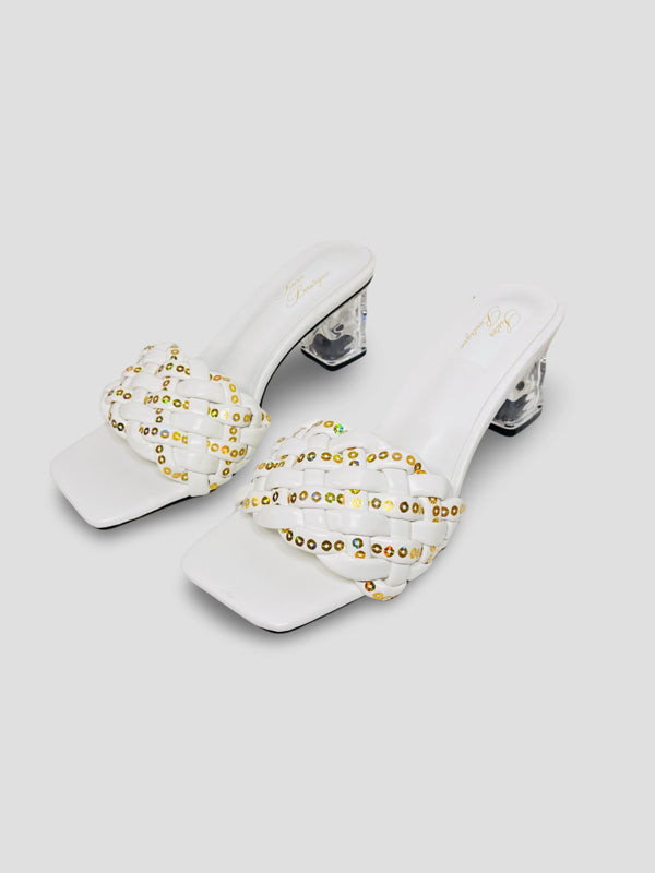 Clear Block Heel Sandals With Gold Studded Woven Straps