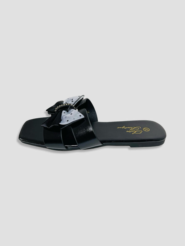 Flat Slide Sandals With Polka Dot Bow