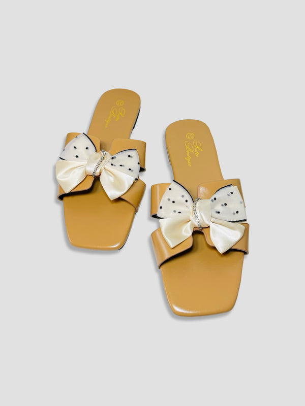 Flat Slide Sandals With Polka Dot Bow