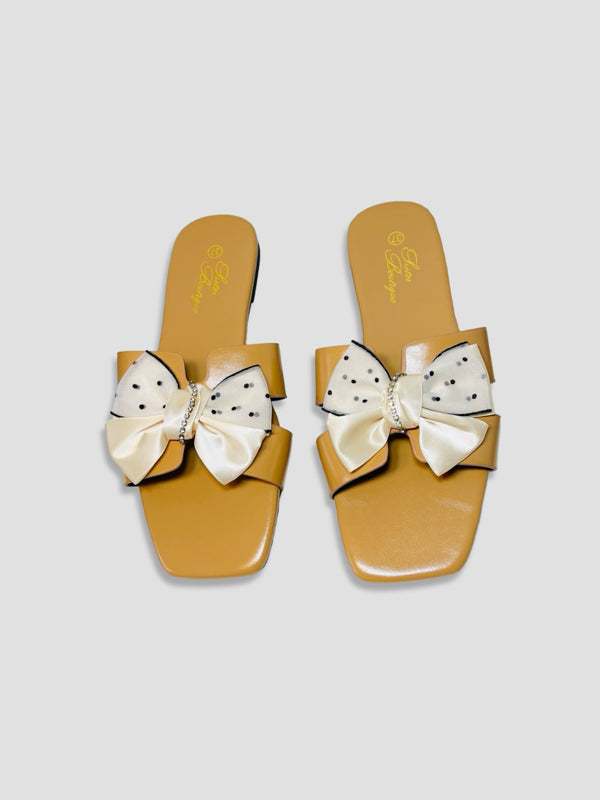 Flat Slide Sandals With Polka Dot Bow