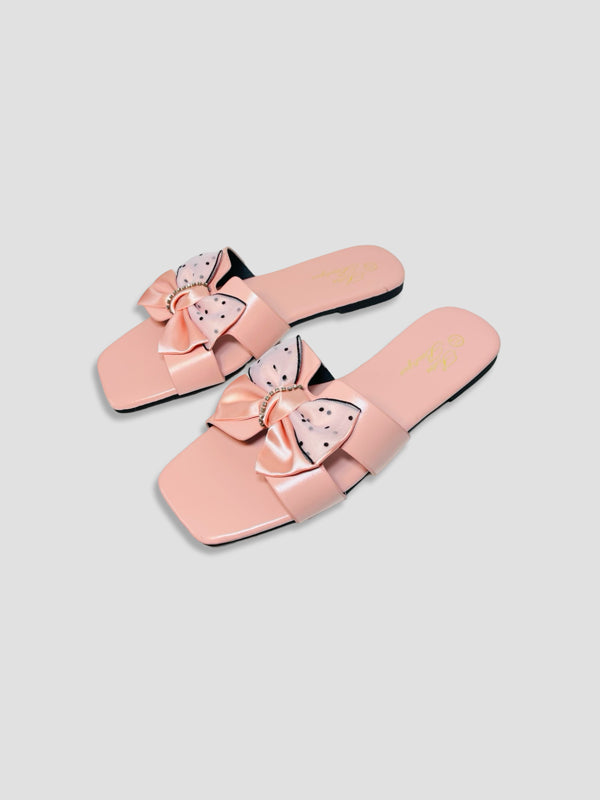 Flat Slide Sandals With Polka Dot Bow