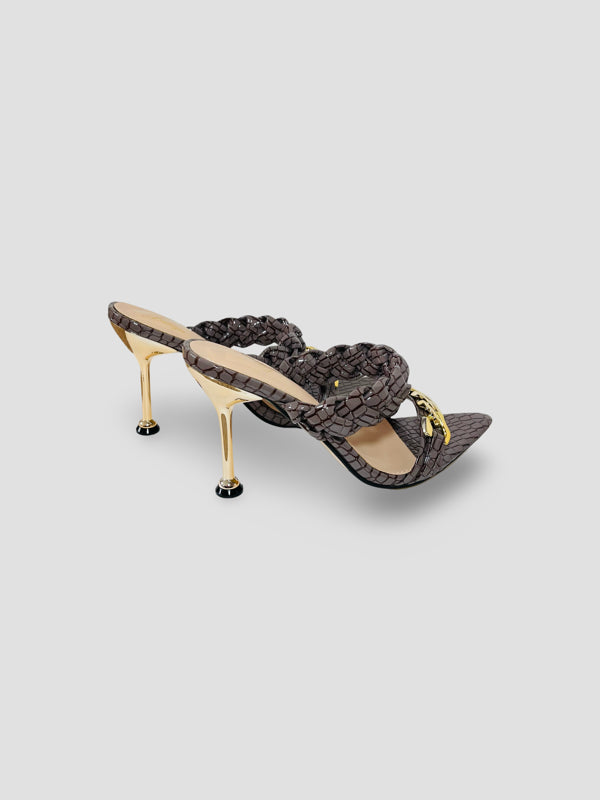 Braided Chain Croc-Embossed Mule Heels