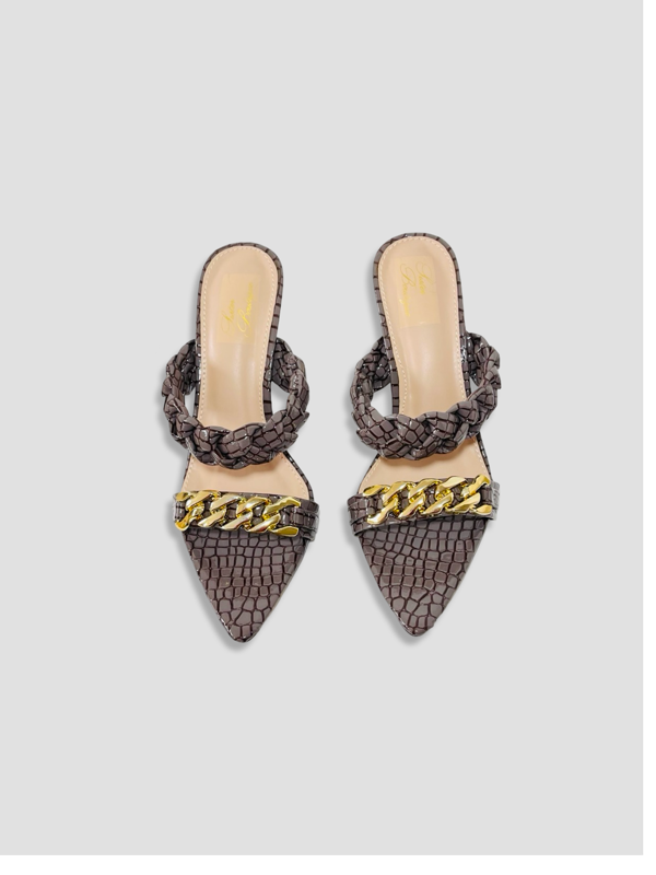Braided Chain Croc-Embossed Mule Heels