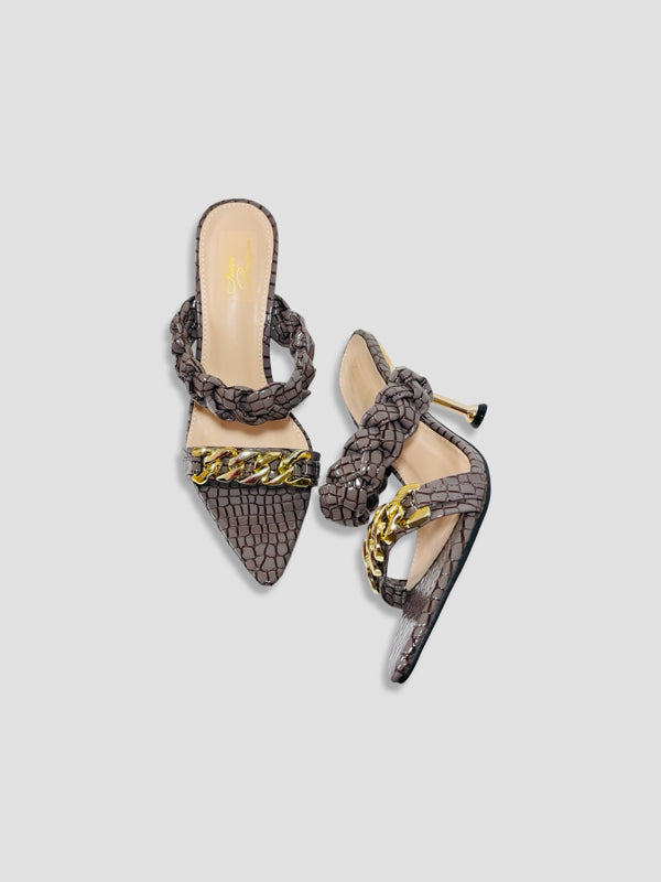 Braided Chain Croc-Embossed Mule Heels