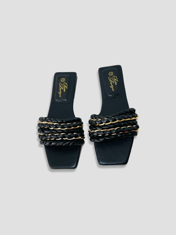 Braided Chain-Accented Slide Sandals