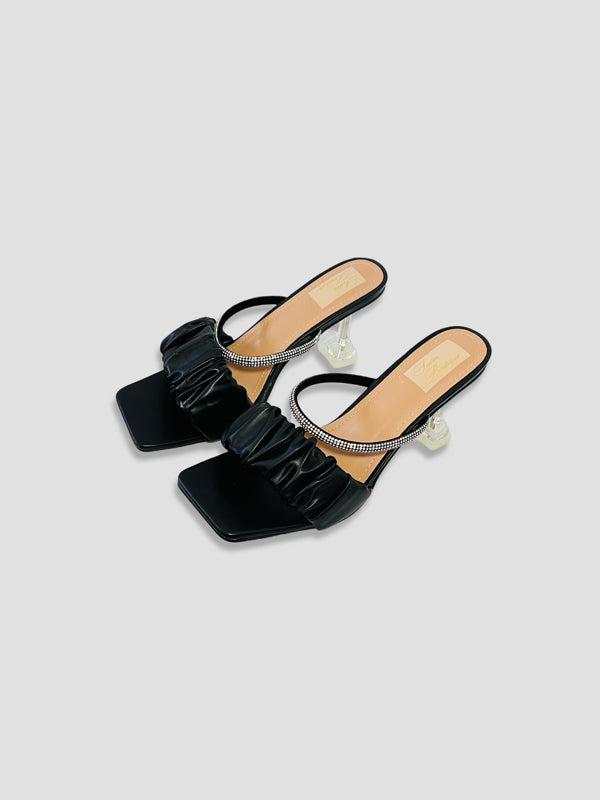 Ruched Mules with Crystal-Embellished Straps