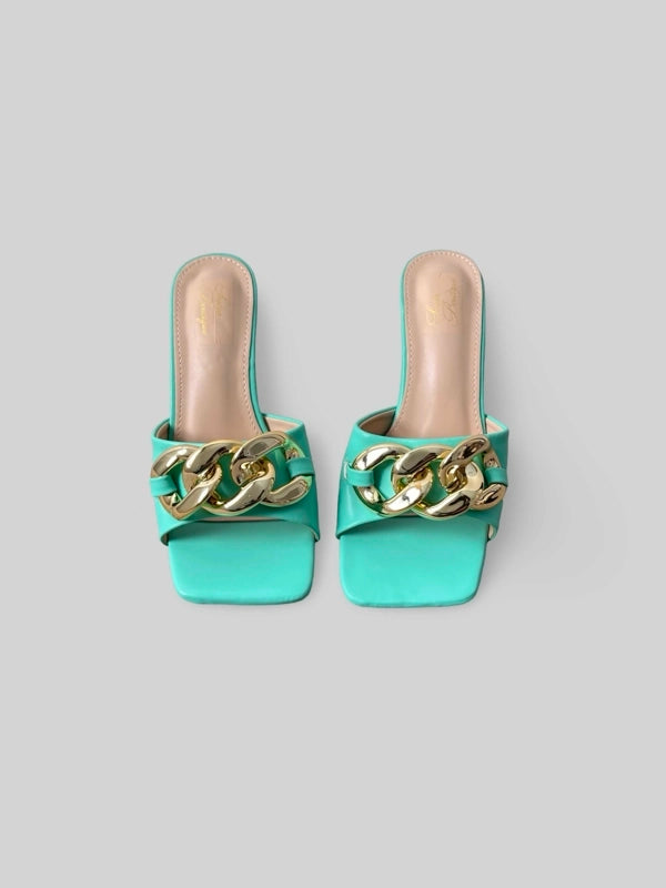 Women Chain-Embellished Leather Slide in Green