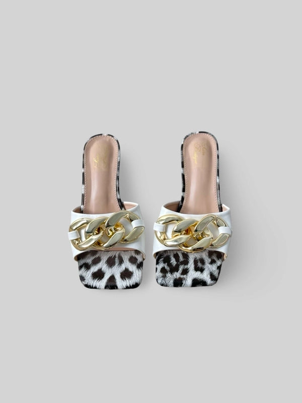 Women Chain-Embellished Leather Slide in Leopard Print