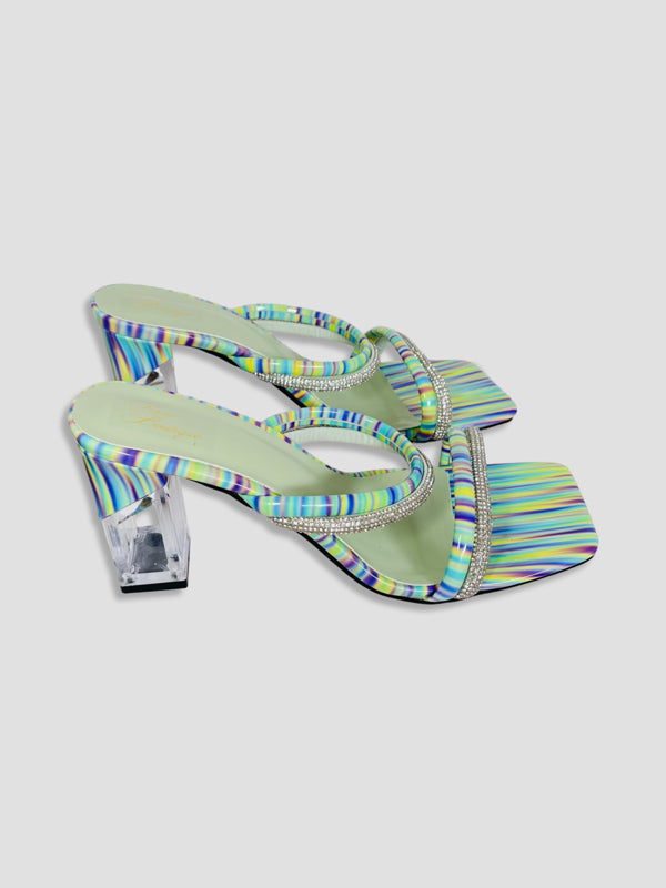 Rainbow Strappy Clear Block Heels With Crystal