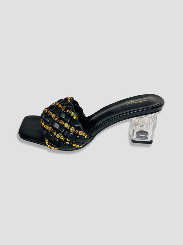 Clear Block Heel Sandals With Gold Studded Woven Straps
