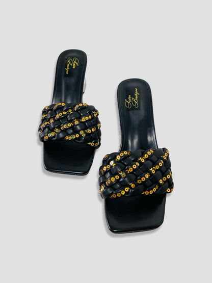 Clear Block Heel Sandals With Gold Studded Woven Straps