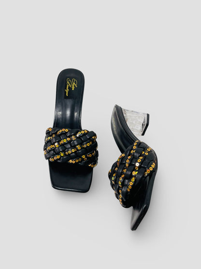 Clear Block Heel Sandals With Gold Studded Woven Straps