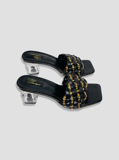 Clear Block Heel Sandals With Gold Studded Woven Straps