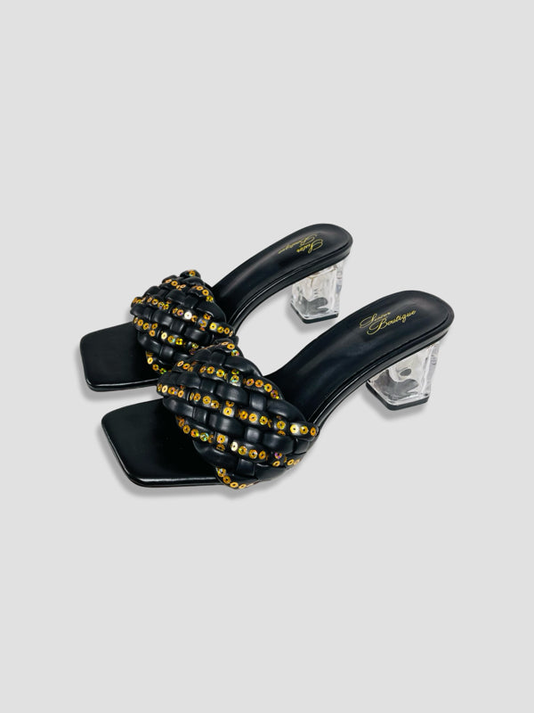 Clear Block Heel Sandals With Gold Studded Woven Straps