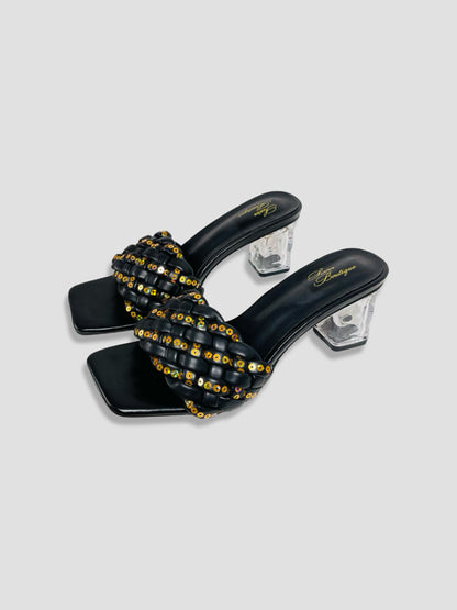 Clear Block Heel Sandals With Gold Studded Woven Straps