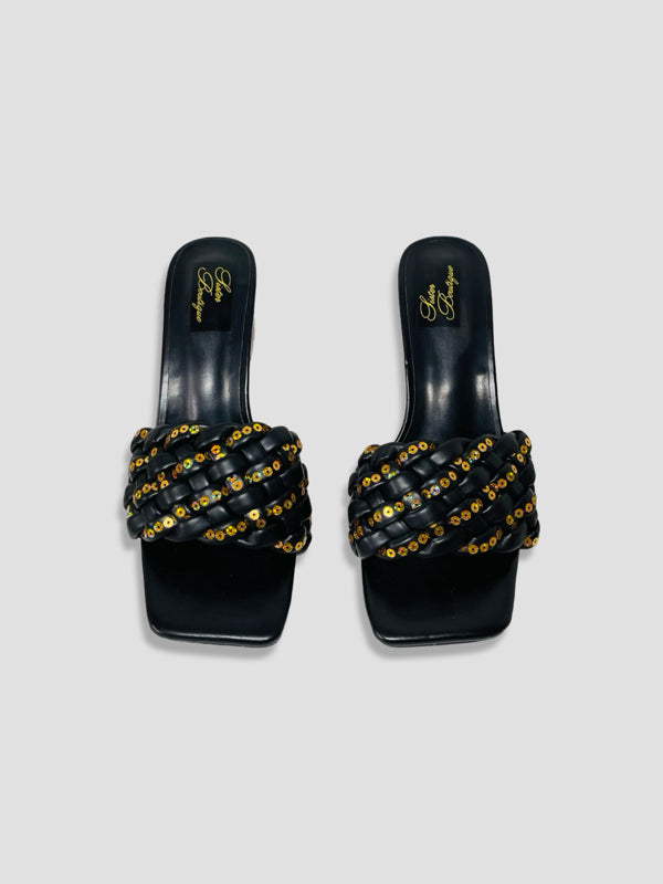 Clear Block Heel Sandals With Gold Studded Woven Straps