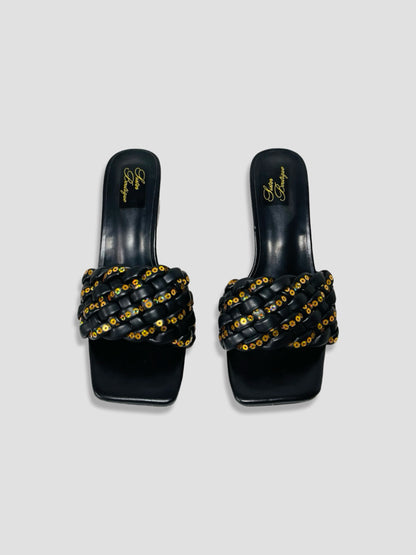Clear Block Heel Sandals With Gold Studded Woven Straps