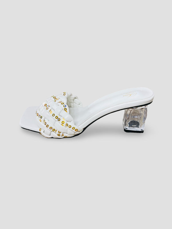 Clear Block Heel Sandals With Gold Studded Woven Straps