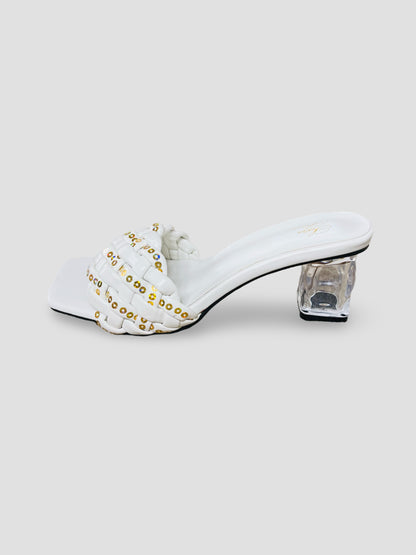 Clear Block Heel Sandals With Gold Studded Woven Straps