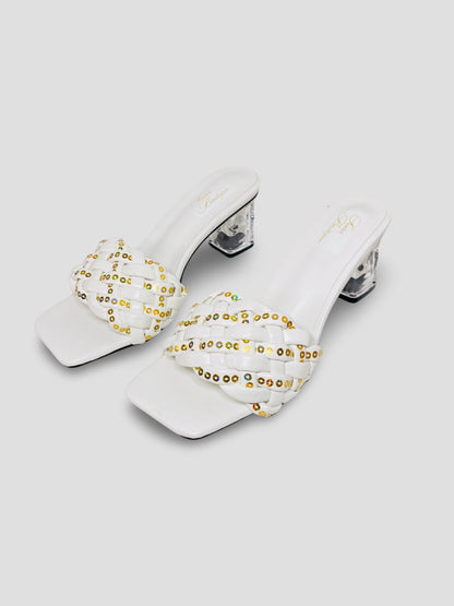 Clear Block Heel Sandals With Gold Studded Woven Straps