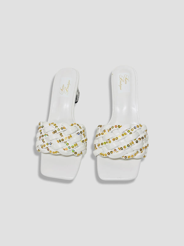Clear Block Heel Sandals With Gold Studded Woven Straps