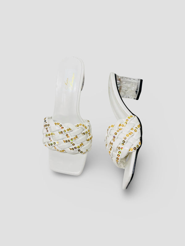 Clear Block Heel Sandals With Gold Studded Woven Straps