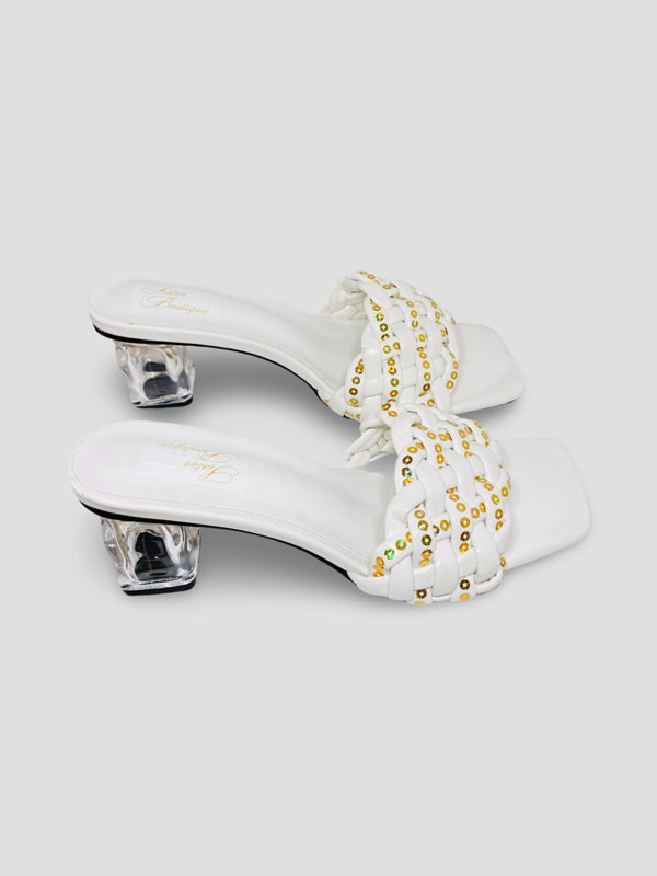 Clear Block Heel Sandals With Gold Studded Woven Straps