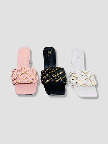 Clear Block Heel Sandals With Gold Studded Woven Straps