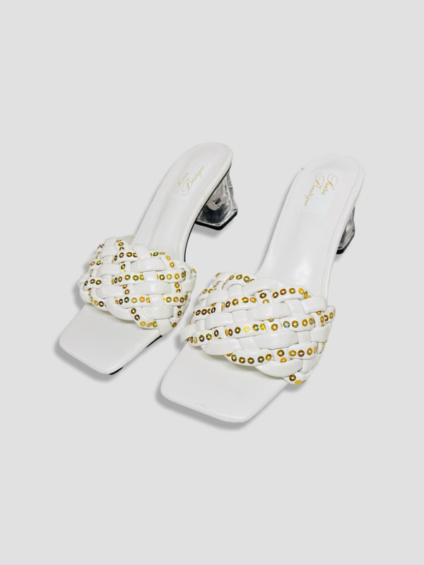 Clear Block Heel Sandals With Gold Studded Woven Straps