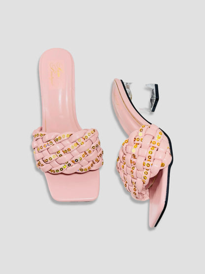 Clear Block Heel Sandals With Gold Studded Woven Straps
