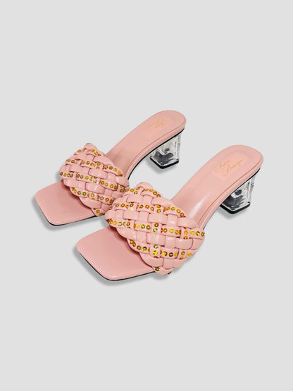 Clear Block Heel Sandals With Gold Studded Woven Straps