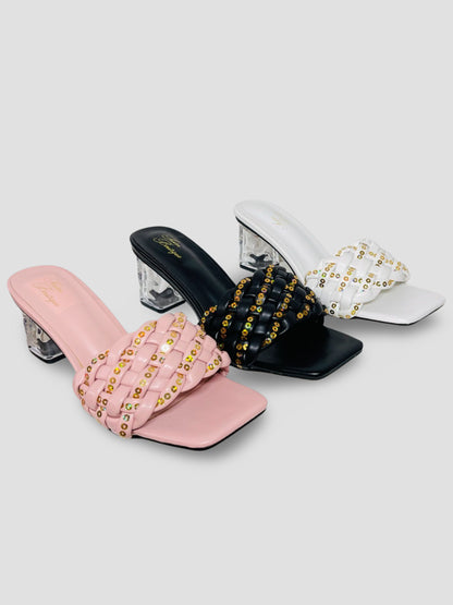 Clear Block Heel Sandals With Gold Studded Woven Straps