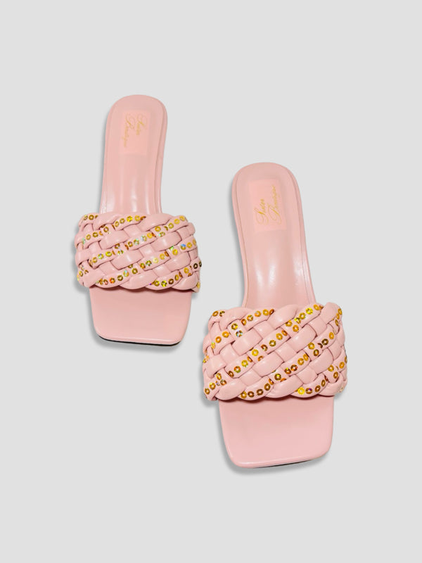 Clear Block Heel Sandals With Gold Studded Woven Straps