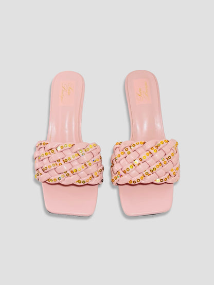 Clear Block Heel Sandals With Gold Studded Woven Straps