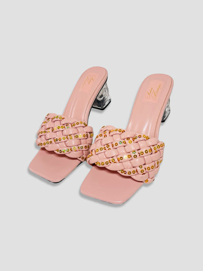 Clear Block Heel Sandals With Gold Studded Woven Straps