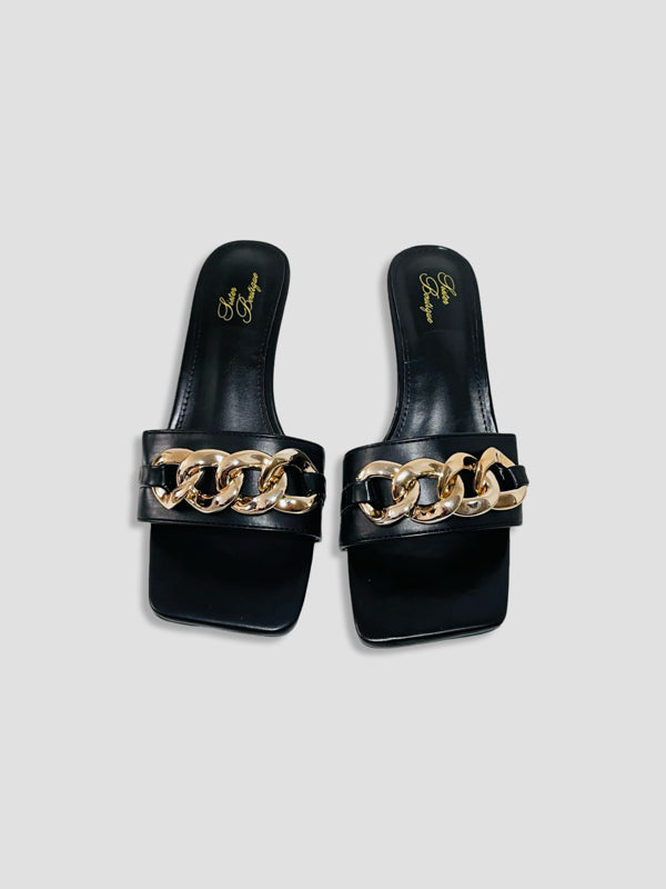 Women Kitten Heels With Bold Gold Chain Accent