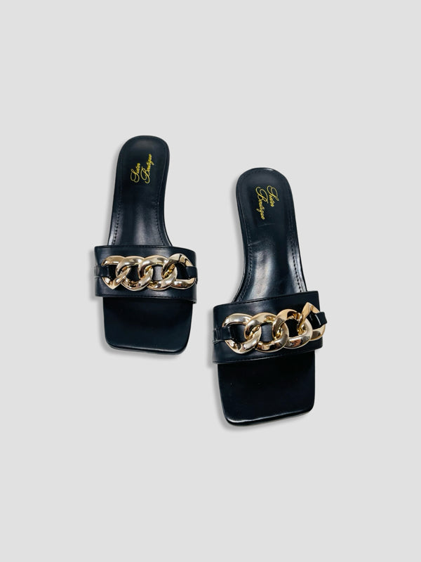 Women Kitten Heels With Bold Gold Chain Accent