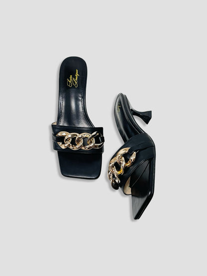 Women Kitten Heels With Bold Gold Chain Accent