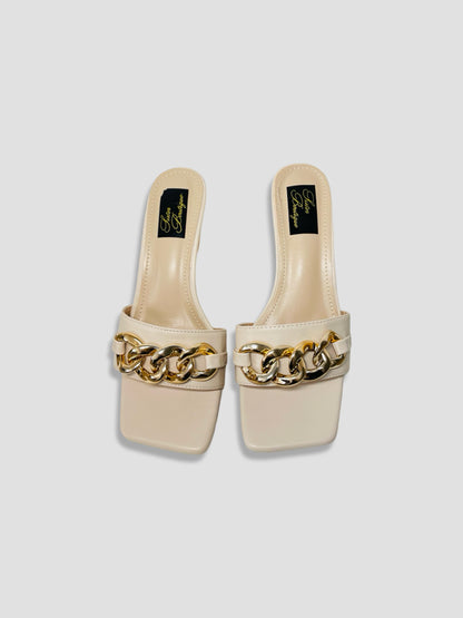 Women Kitten Heels With Bold Gold Chain Accent