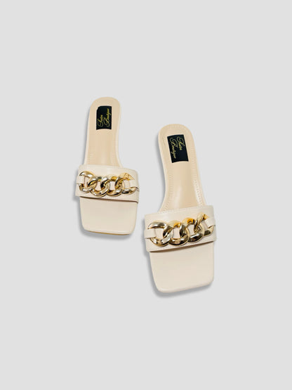 Women Kitten Heels With Bold Gold Chain Accent