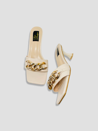 Women Kitten Heels With Bold Gold Chain Accent