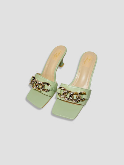 Women Kitten Heels With Bold Gold Chain Accent
