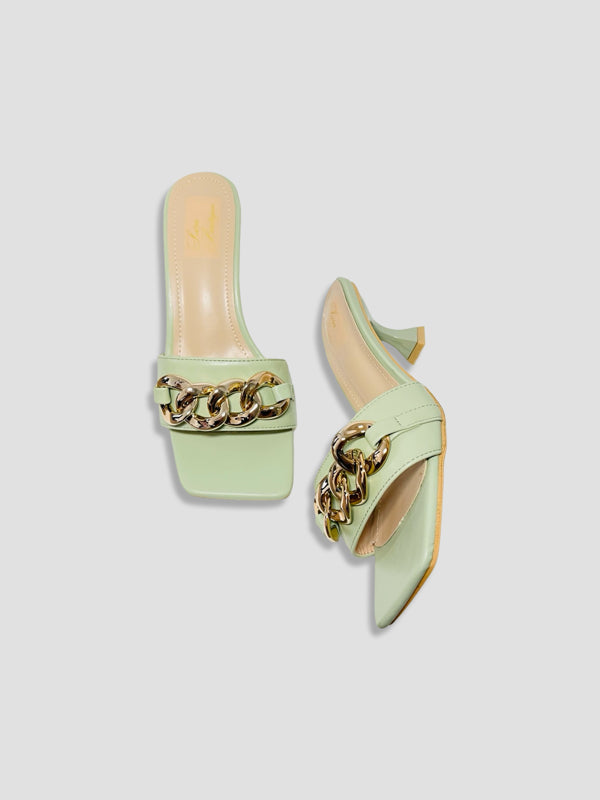 Women Kitten Heels With Bold Gold Chain Accent