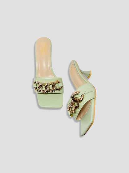 Women Kitten Heels With Bold Gold Chain Accent
