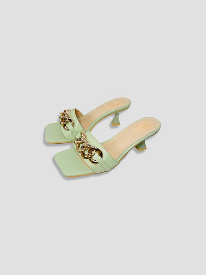 Women Kitten Heels With Bold Gold Chain Accent