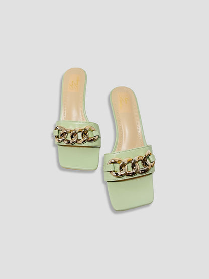 Women Kitten Heels With Bold Gold Chain Accent