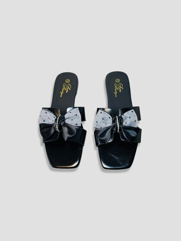 Flat Slide Sandals With Polka Dot Bow