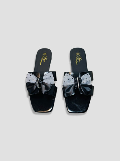 Flat Slide Sandals With Polka Dot Bow